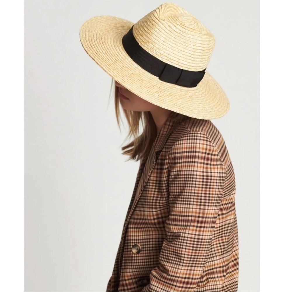 Brixton Joanna Wide Brim Straw Hat Honey Black Medium Summer Sun Fedora Boho - Picture 3 of 10